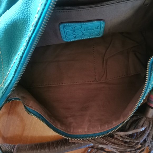 Vintage Fossil Teal Patchwork Boho Leather Shoulder Bag with Leather Tassel - Picture 10 of 11